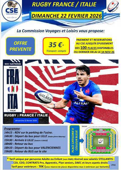 Rugby France/Italie le 22 février 2026 (inscription jusqu'au 14 novembre 2025)