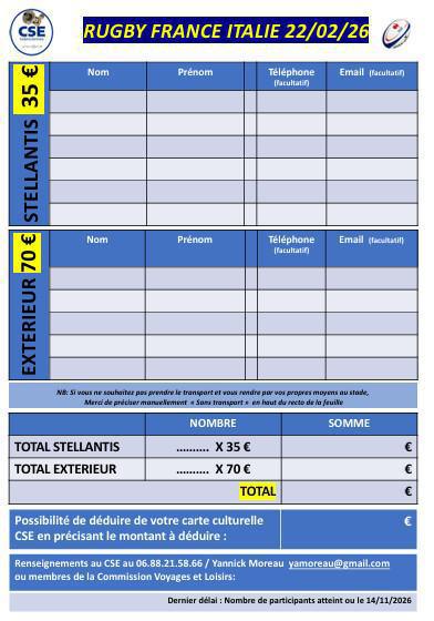 Rugby France/Italie le 22 février 2026 (inscription jusqu'au 14 novembre 2025)
