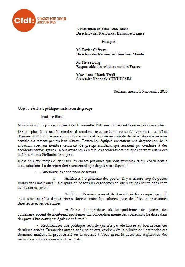 Courrier CFDT sur les résultats politique santé sécurité groupe Stellantis