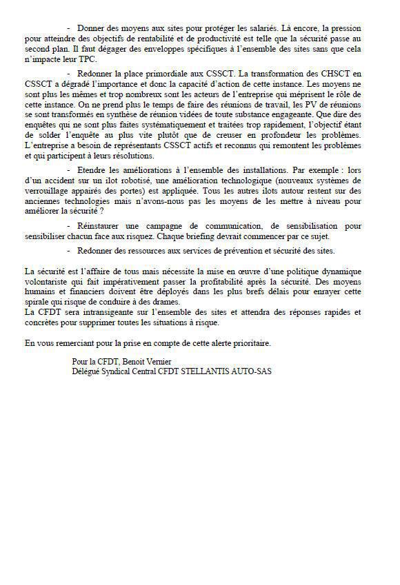 Courrier CFDT sur les résultats politique santé sécurité groupe Stellantis