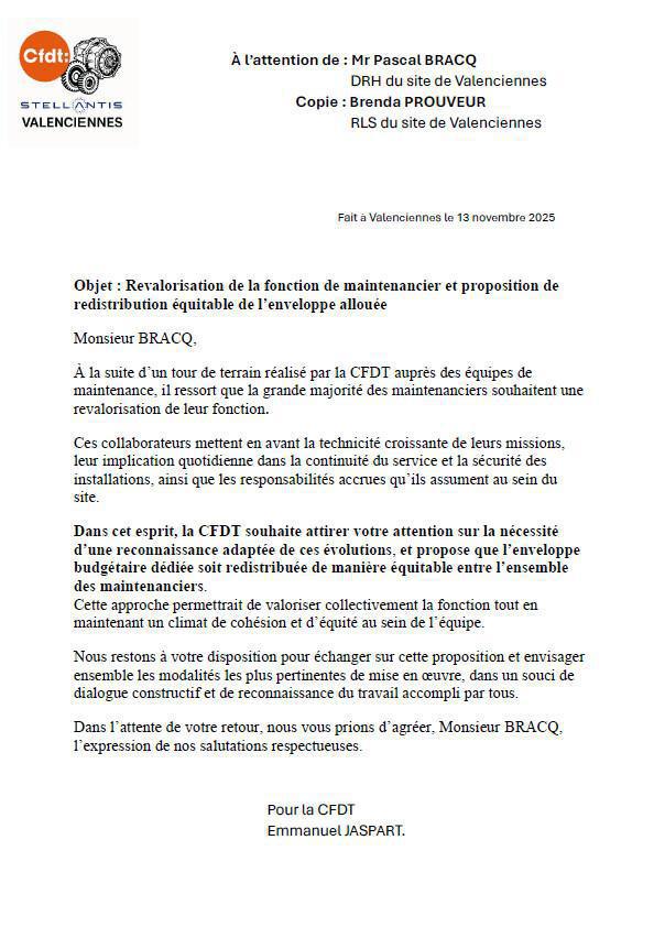Courrier CFDT revalorisation pour la fonction de la maintenance et proposition de distribution de l'enveloppe allouée