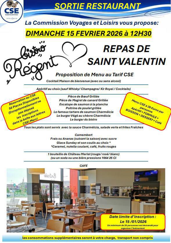 Repas spécial saint valentin le 15 février 2026 à Denain