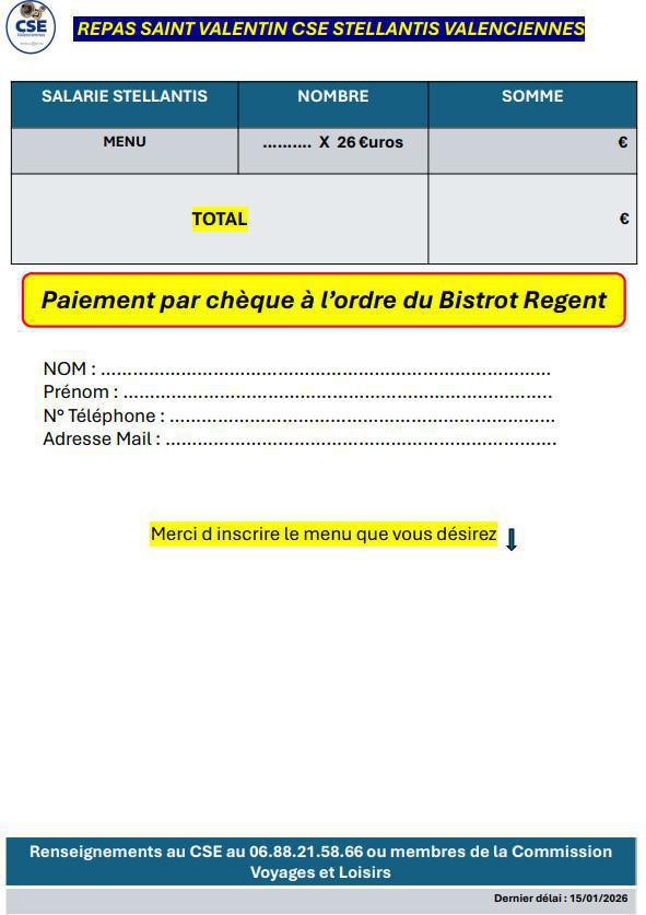 Repas spécial saint valentin le 15 février 2026 à Denain
