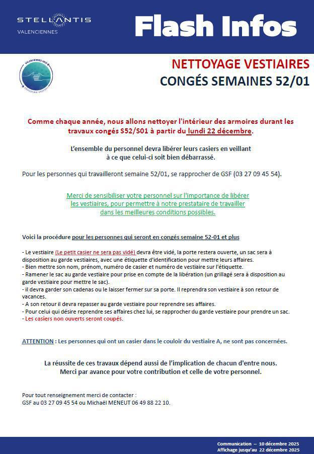 Nettoyage vestiaires pendant les congés de décembre 2025