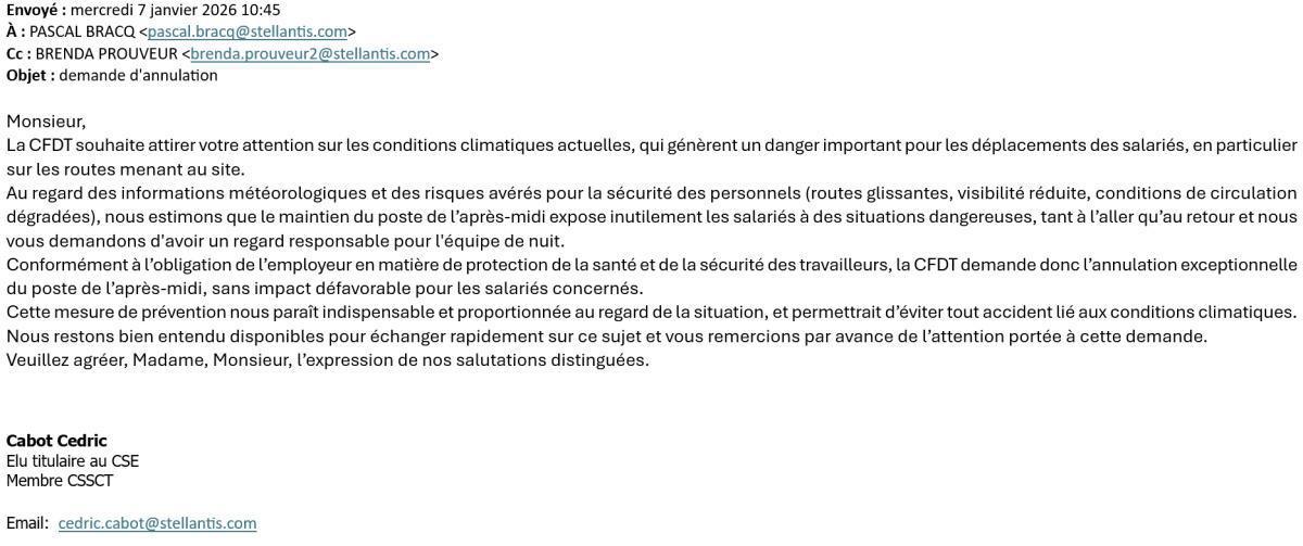 Courrier CFDT : Demande d’annulation de la séance en raison des intempéries 