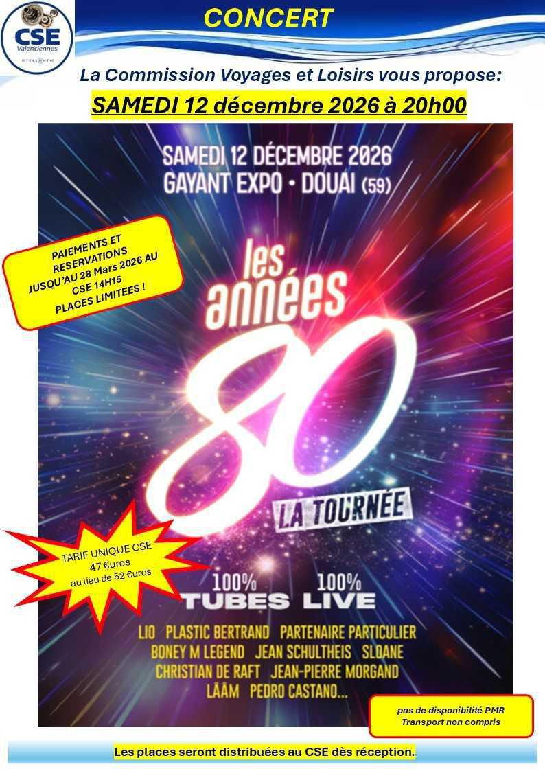 Concert les années 80 à Gayant Expo, le 12 décembre 2026