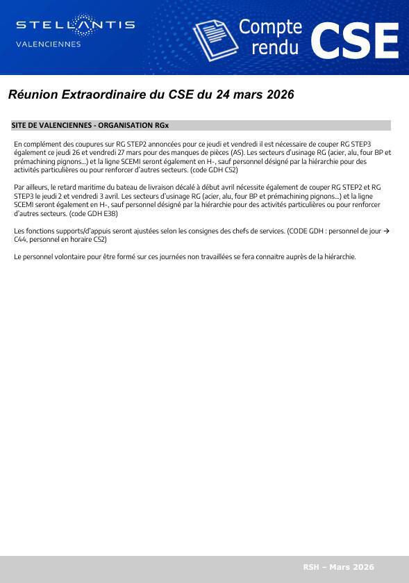 Compte rendu CSE extra du 24 mars 2026 à 15h30
