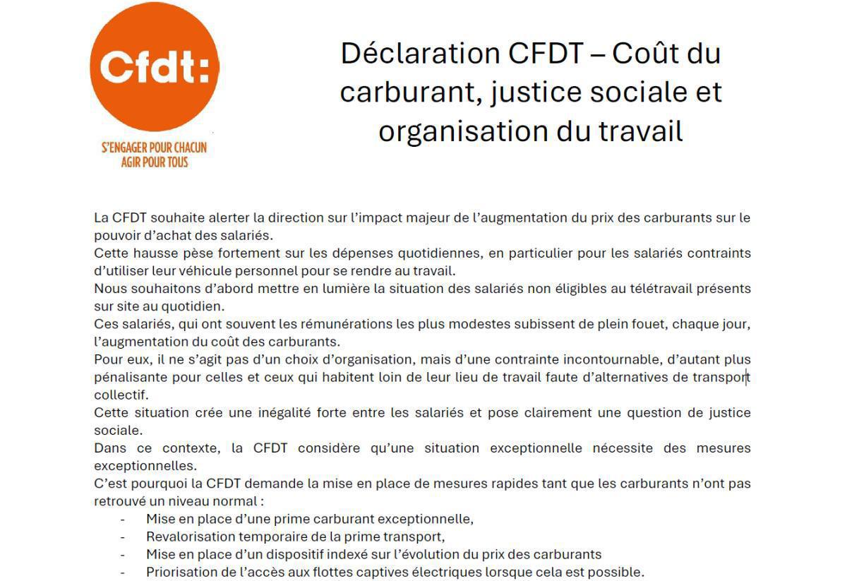 Déclaration : Coût du carburant, justice sociale et organisation du travail