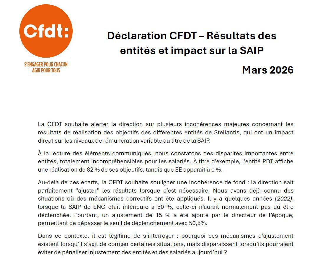 Déclaration : Résultats des entités et impact sur la SAIP
