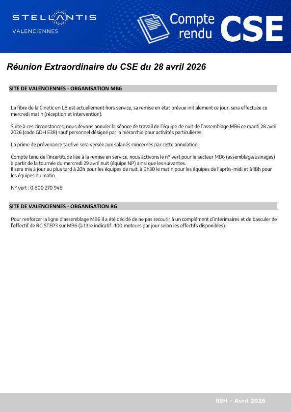 CSE Extra ordinaire du 28 avril 2026 à 16h00