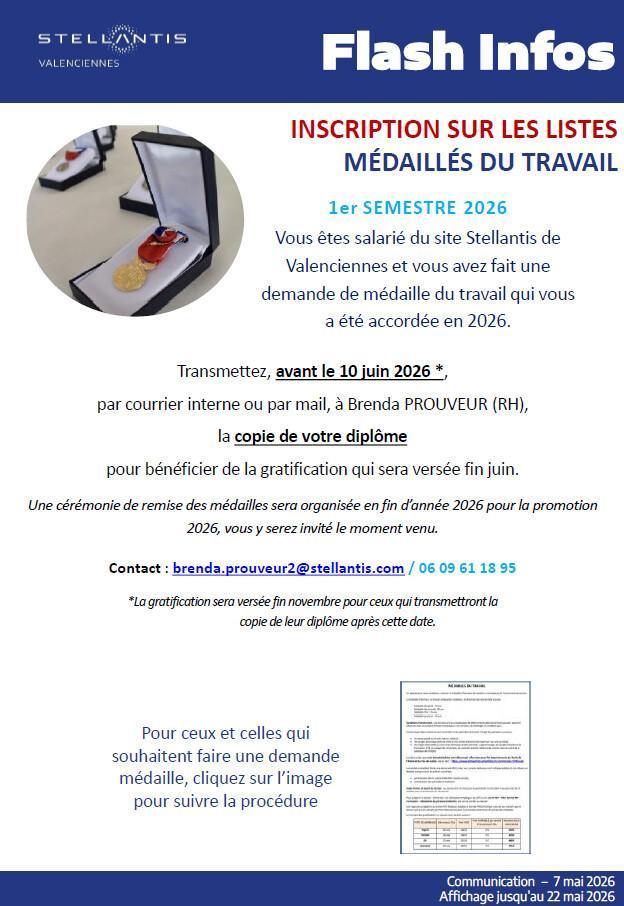 Médaille du travail 1er semestre 2026