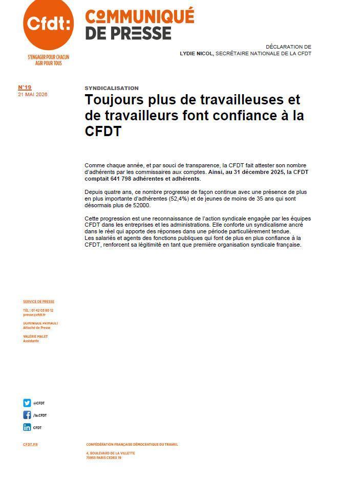 Point Presse : Toujours plus de travailleurs et de travailleuses font confiance à la CFDT