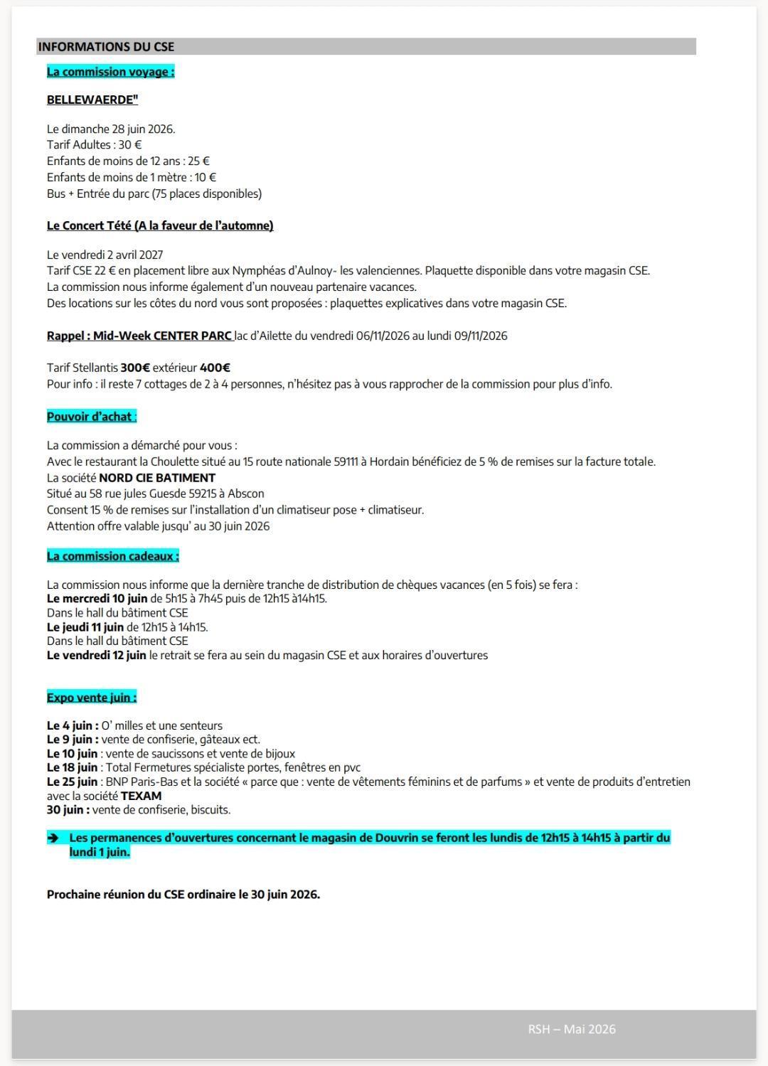 CSE Ordinaire du 28 mai 2026 