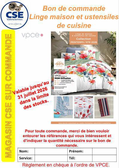 commande VPCE linge de maison, ustensile