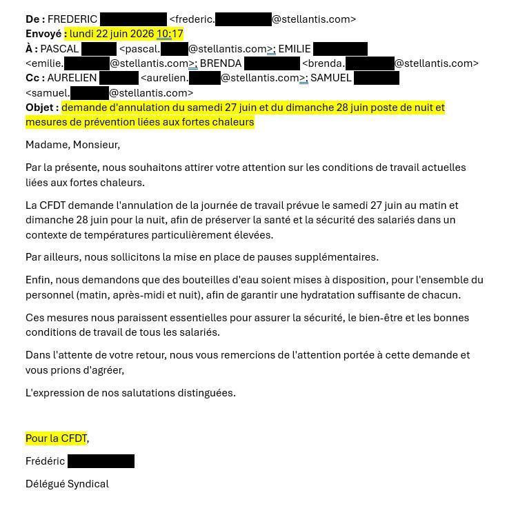 Courrier : FORTES CHALEURS : LA CFDT AGIT !