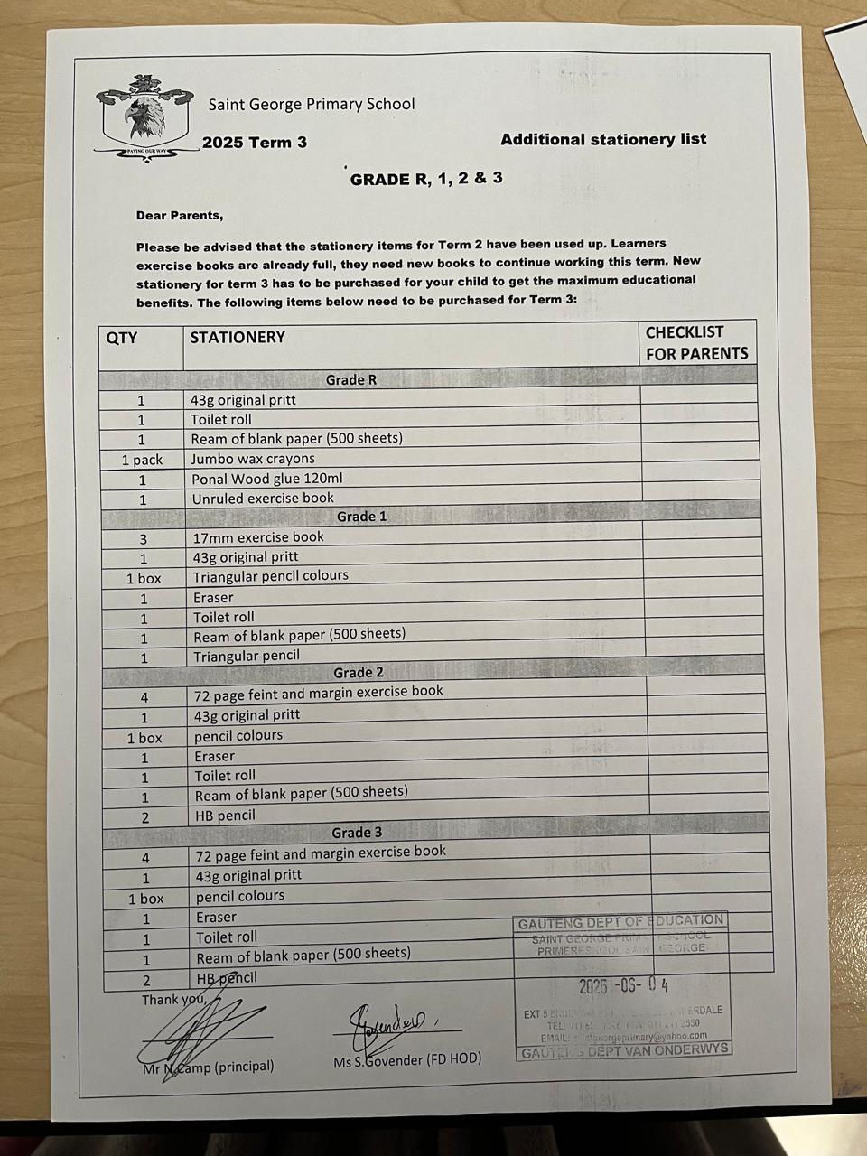 TERM 3 STATIONERY LISTS