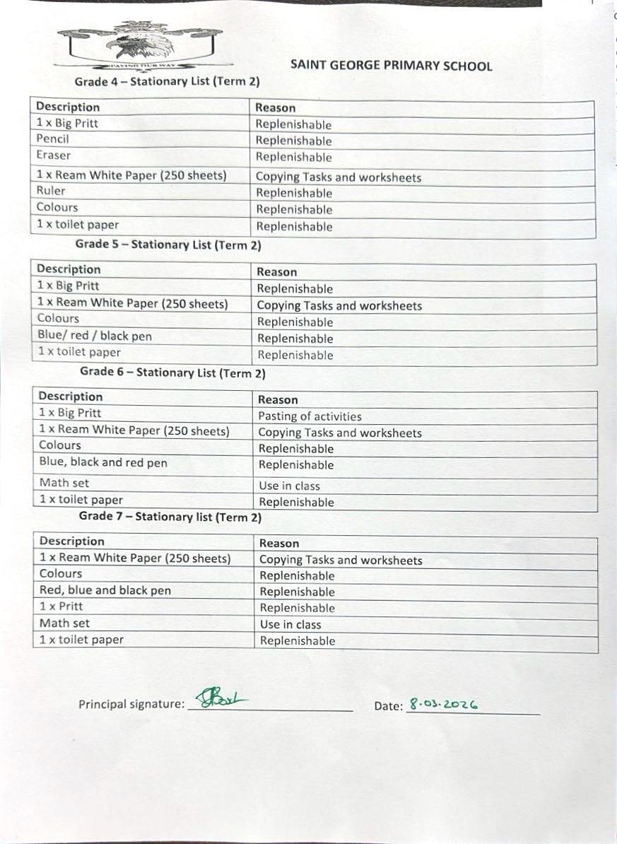 Term 2 Stationery Top Up List Grade 4-7