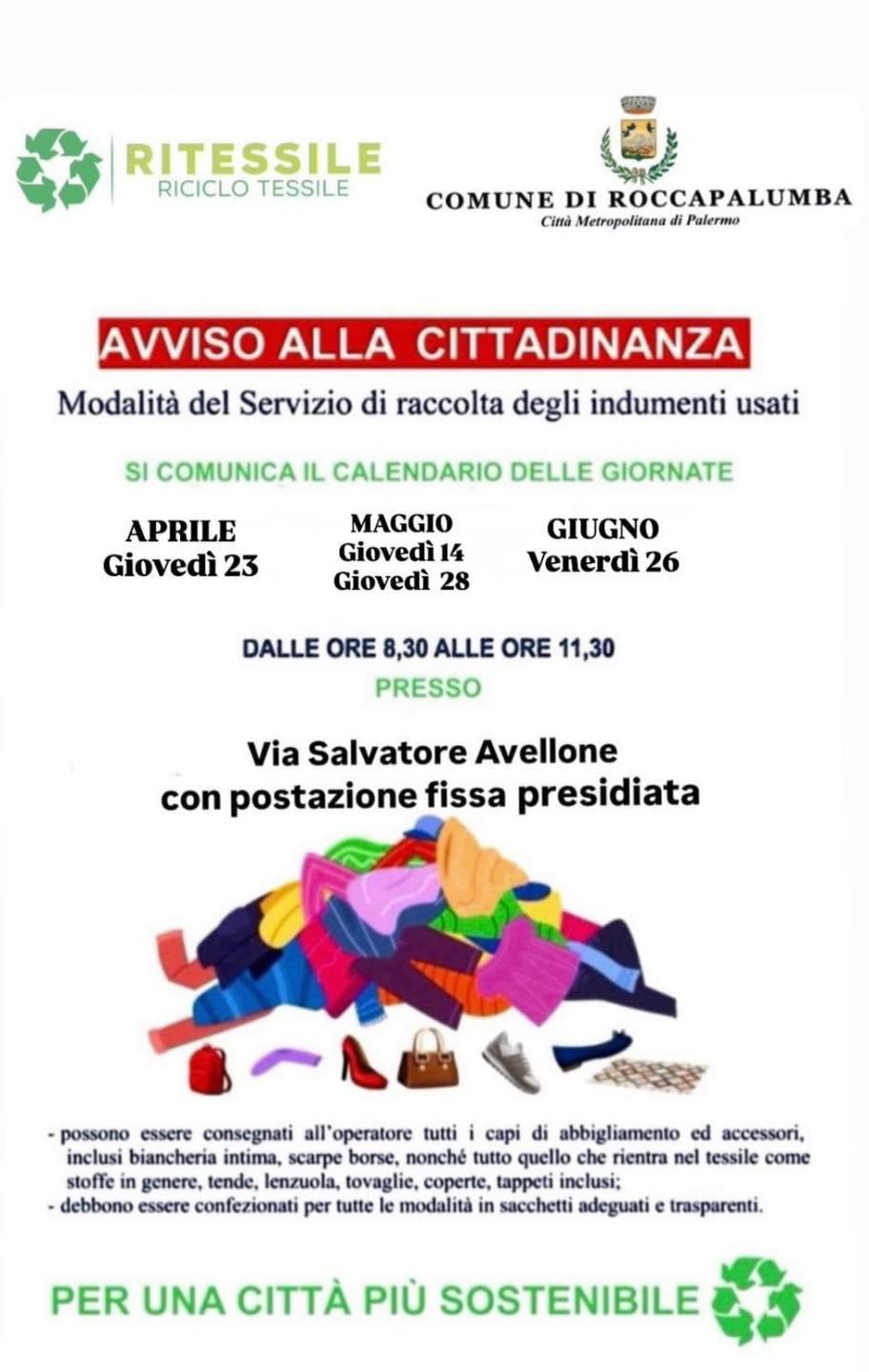 Servizio di raccolta degli indumenti usati (dalle ore 08:30 alle ore 11:30)