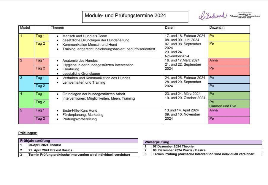 Termine für Theorie-Module und Prüfungen