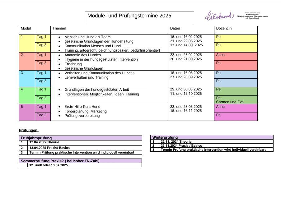 Termine für Theorie-Module und Prüfungen