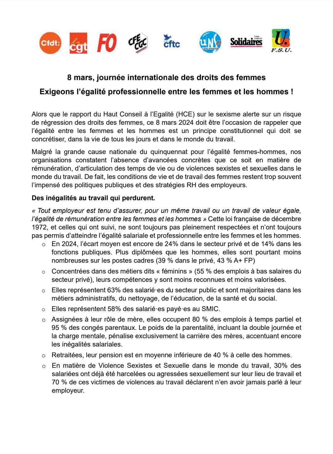 8 mars : Grève Interprofessionnelle France égalité femme/homme 