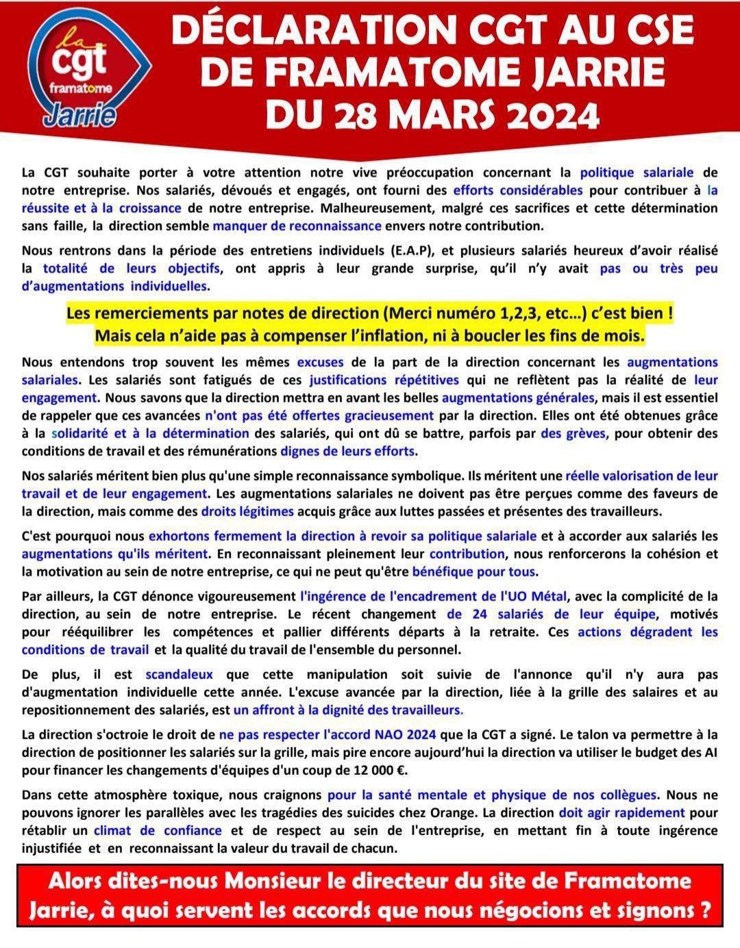 Déclaration CGT au CSE de Framatome Jarrie