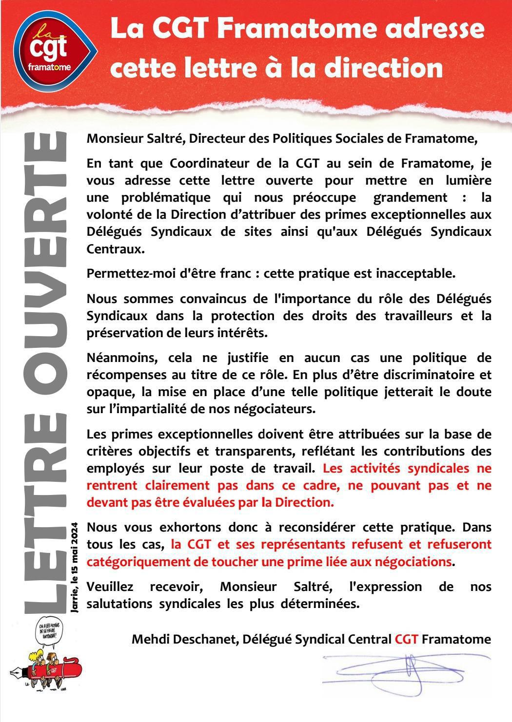 La CGT met en lumière les pratiques contestables de la direction dans une lettre ouverte. La CGT met en lumière les pratiques contestables de la direction dans une lettre ouverte.