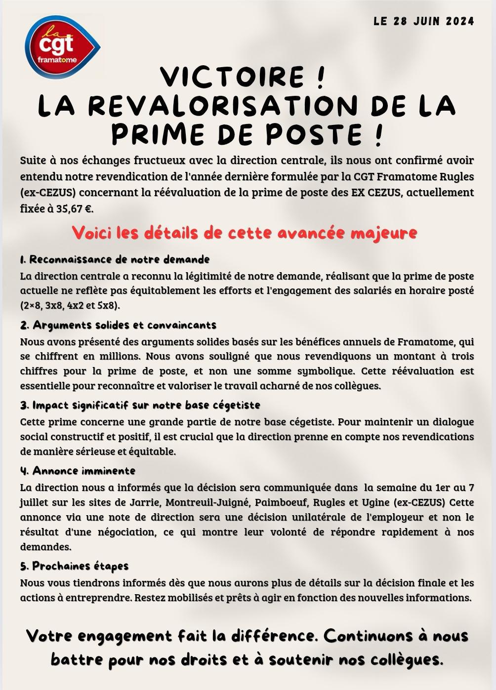 La CGT fait valoir ses revendications et remporte une VICTOIRE ! La CGT fait valoir ses revendications et remporte une VICTOIRE !