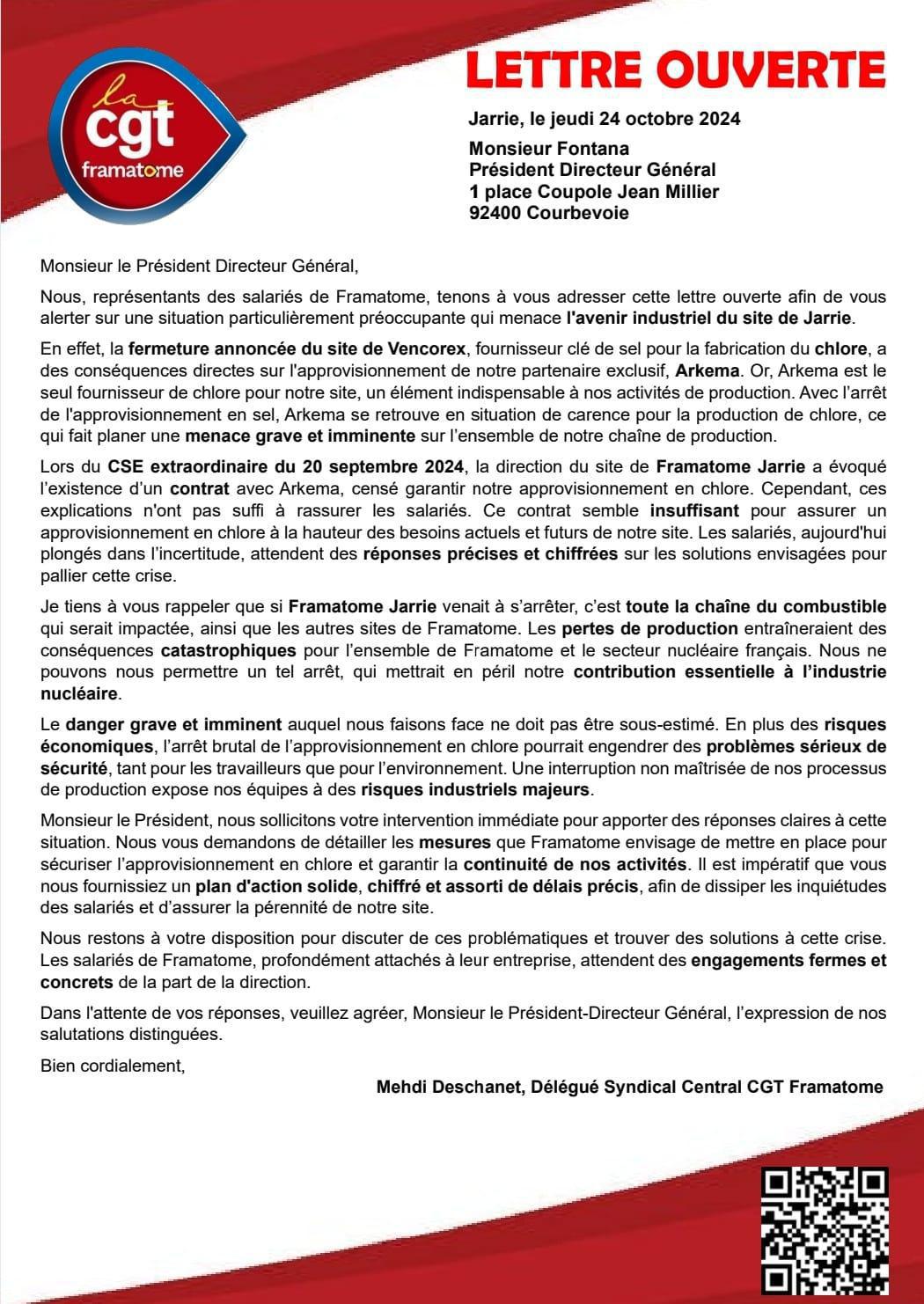 🚨 Lettre ouverte CGT Framatome au PDG Framatome🚨
