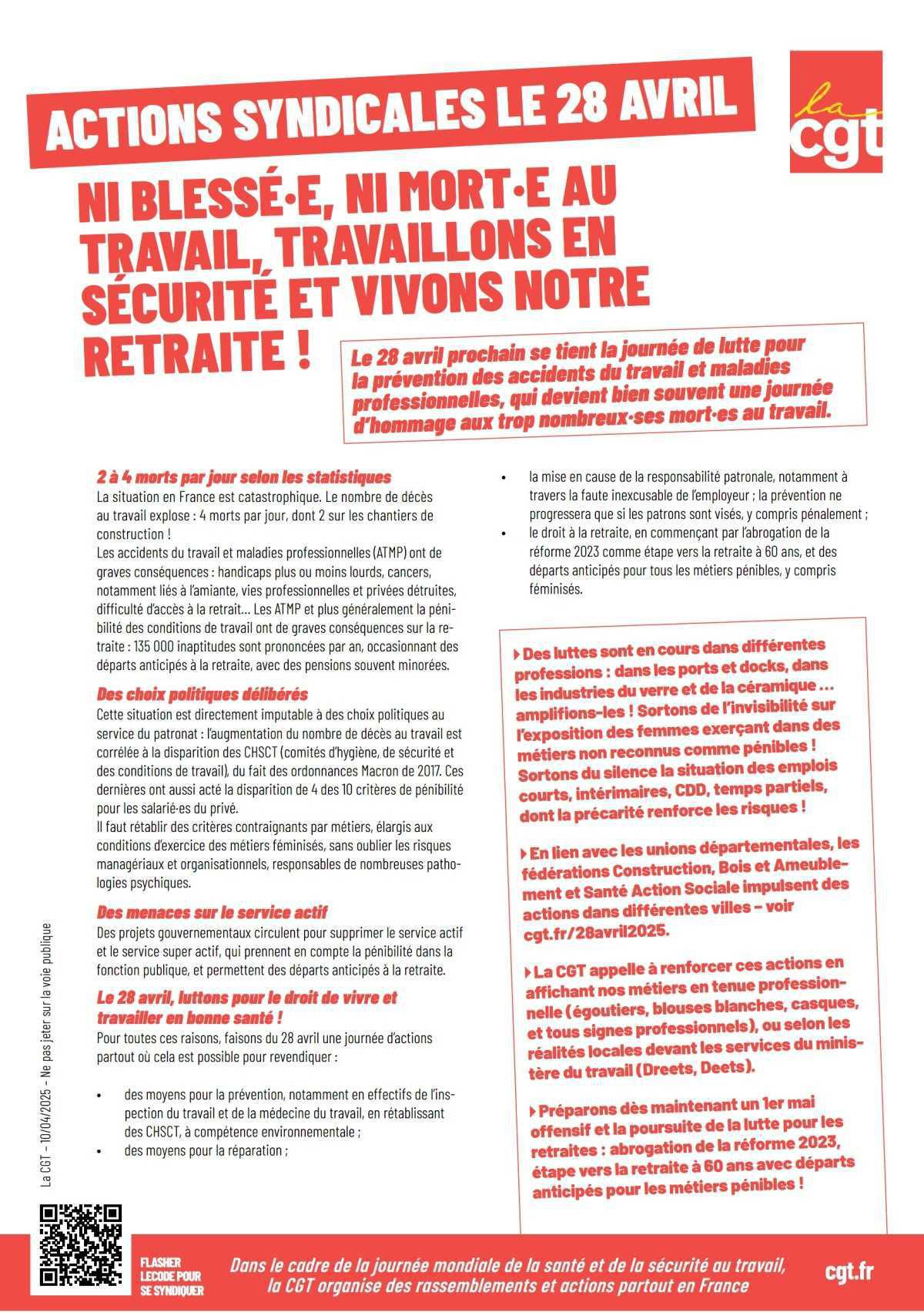 Conditions de travail : 28 Avril, journée de lutte pour la prévention des accidents du travail et maladies professionnelles