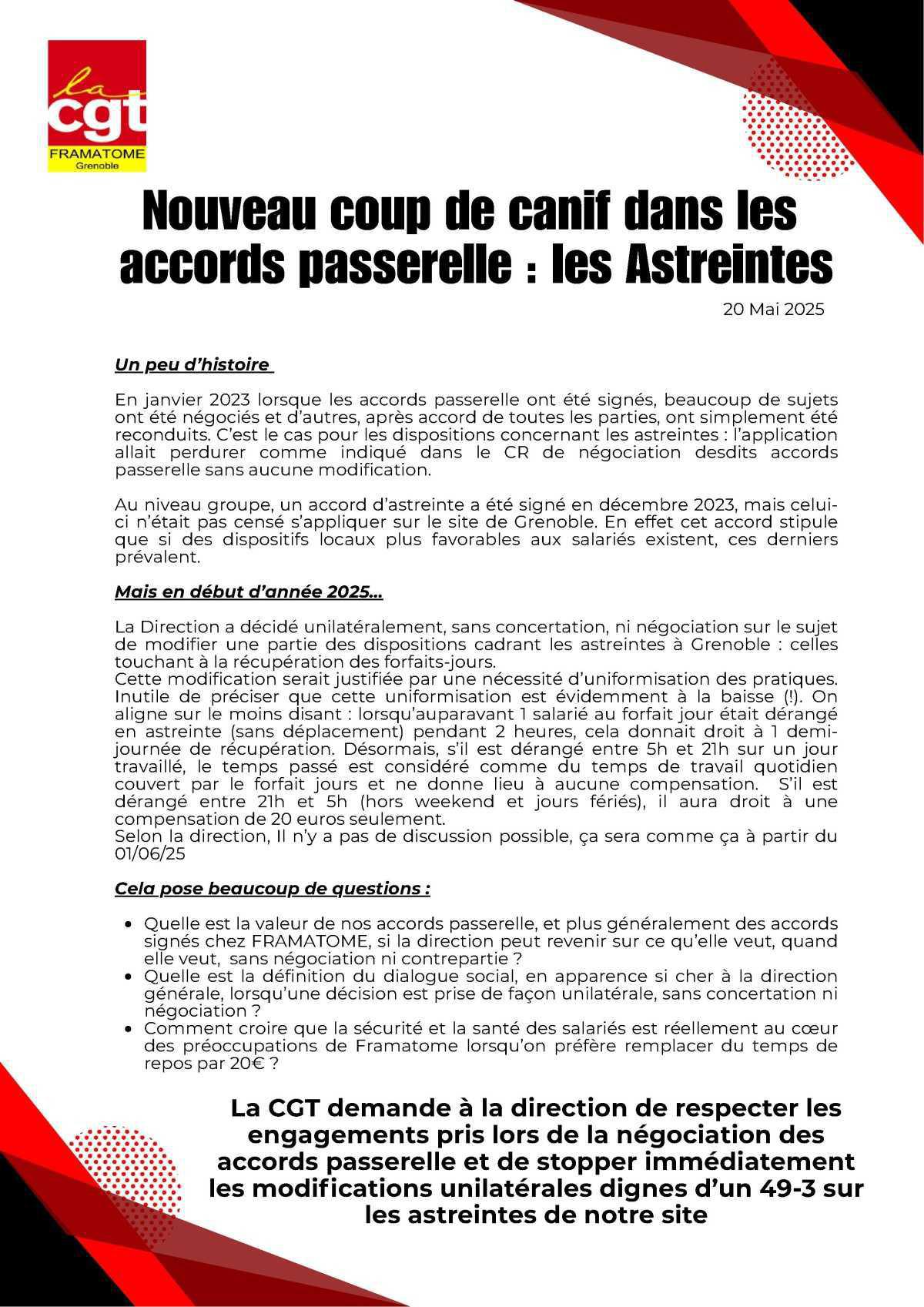 Nouveau coup de canif dans les accords passerelle : les Astreintes
