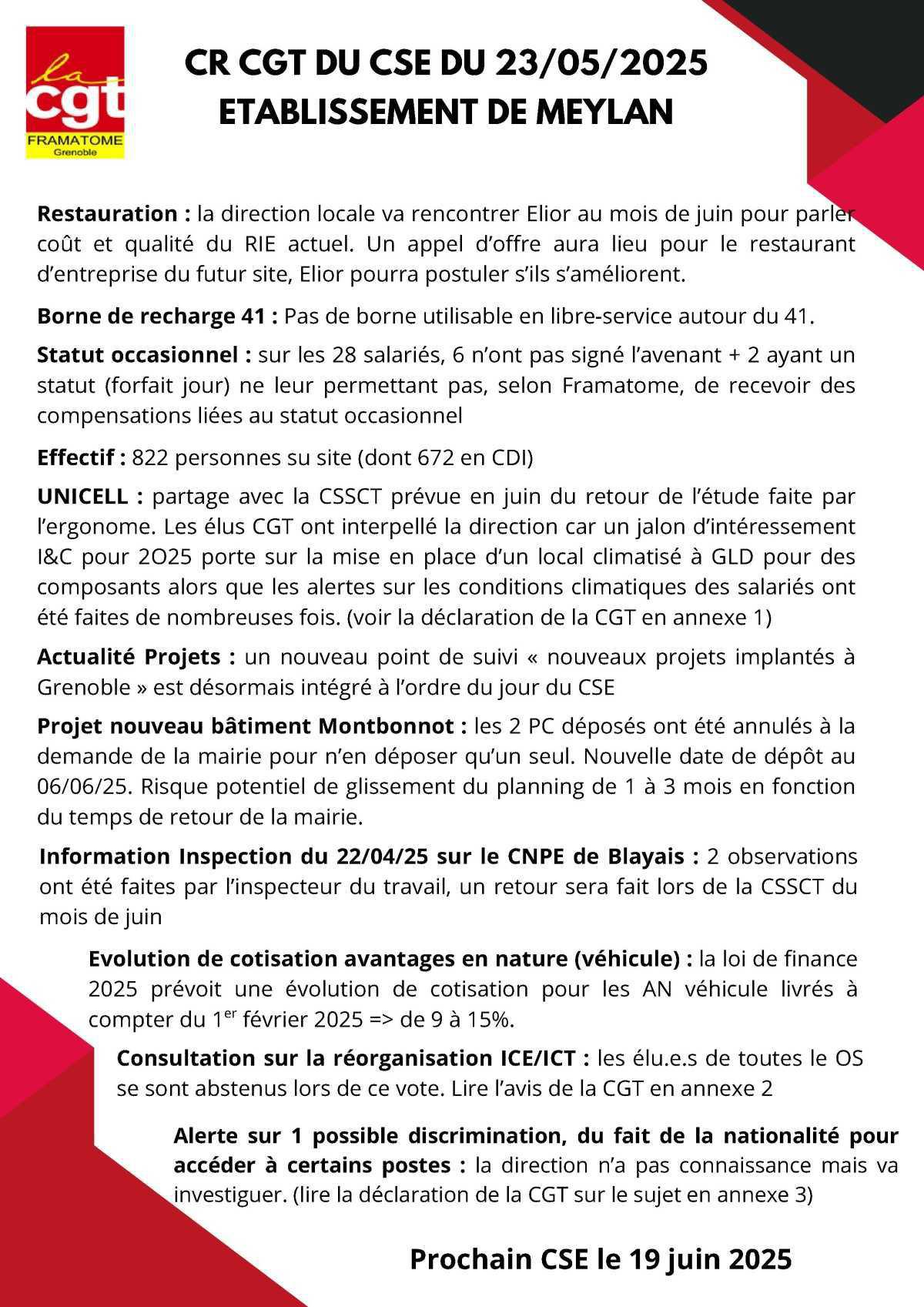 Compte rendu CGT du CSE du 23/05/2025