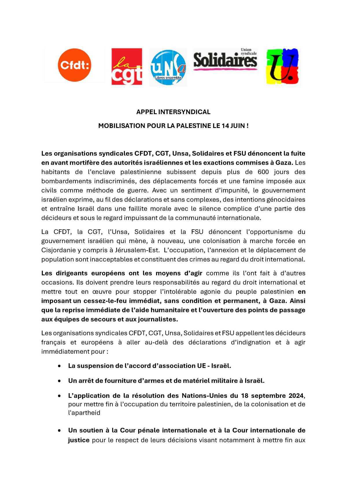 Appel intersyndical: mobilisation pour la Palestine le 14 Juin 2025