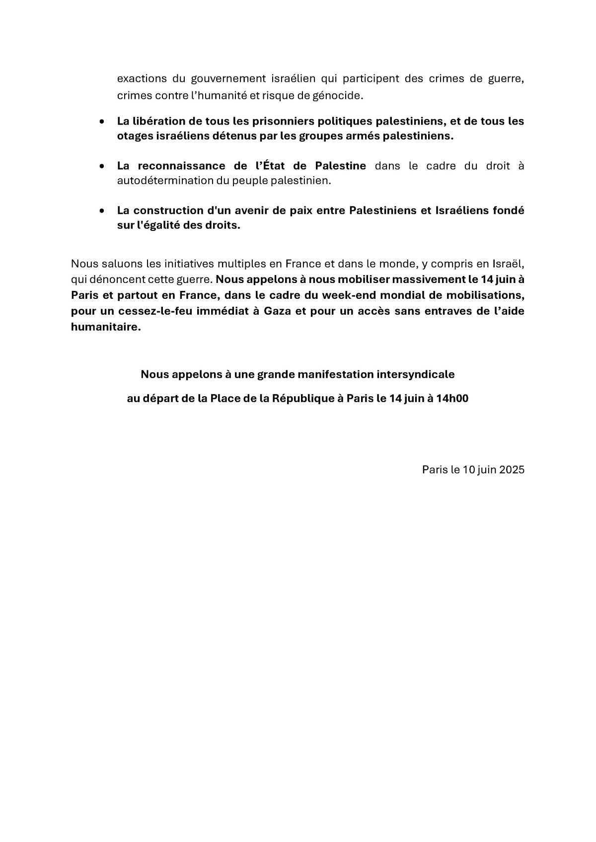 Appel intersyndical: mobilisation pour la Palestine le 14 Juin 2025