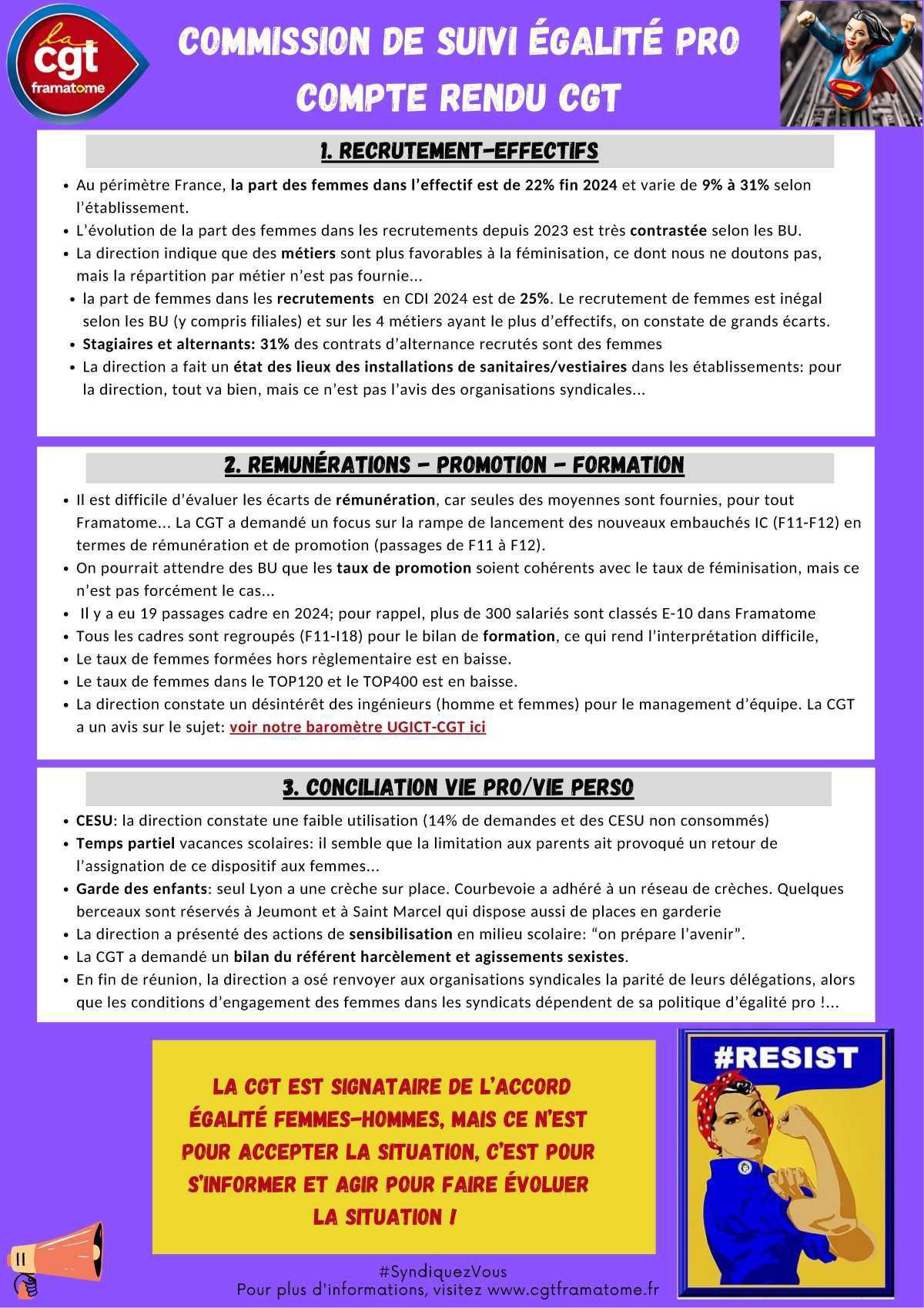 Egalité professionnelle homme femmes dans Framatome - le compte rendu CGT de la commission de suivi