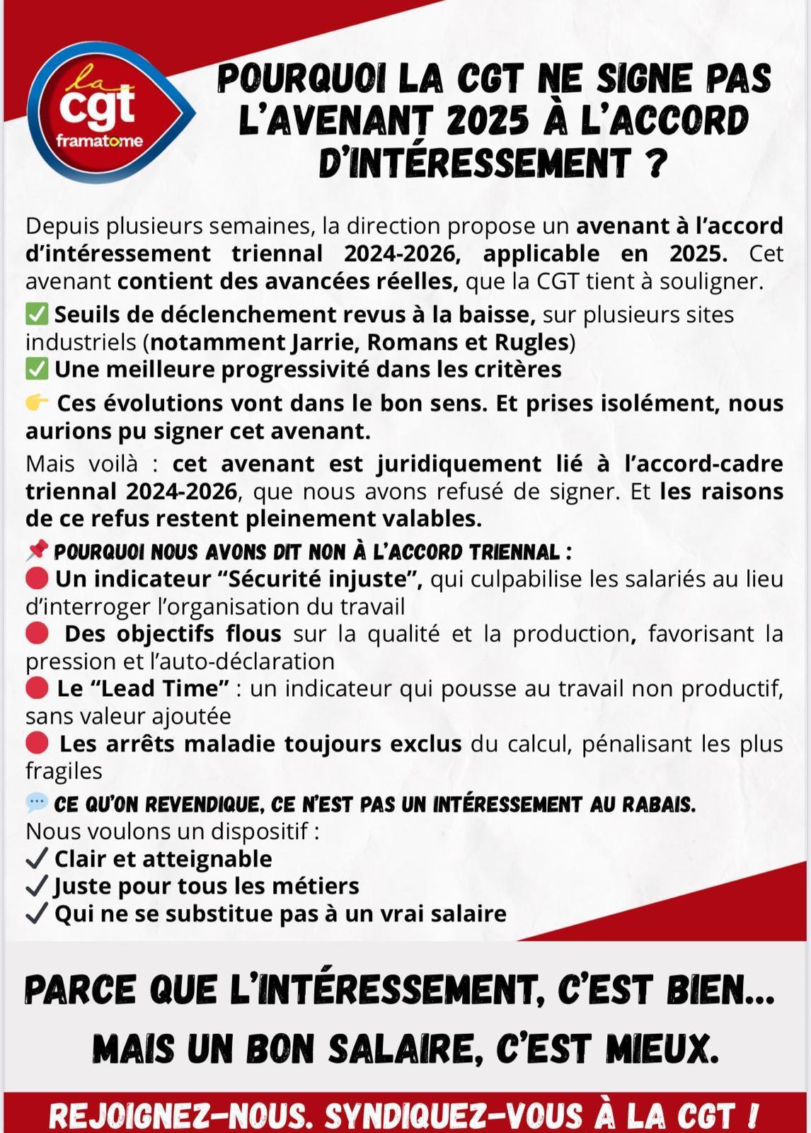 ✊ Pourquoi la CGT Framatome ne signe pas l’avenant 2025 à l’accord d’intéressement ?