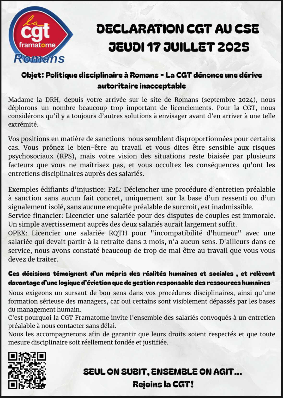 CSE du 17 Juillet 2025: la CGT dénonce une vague de répression