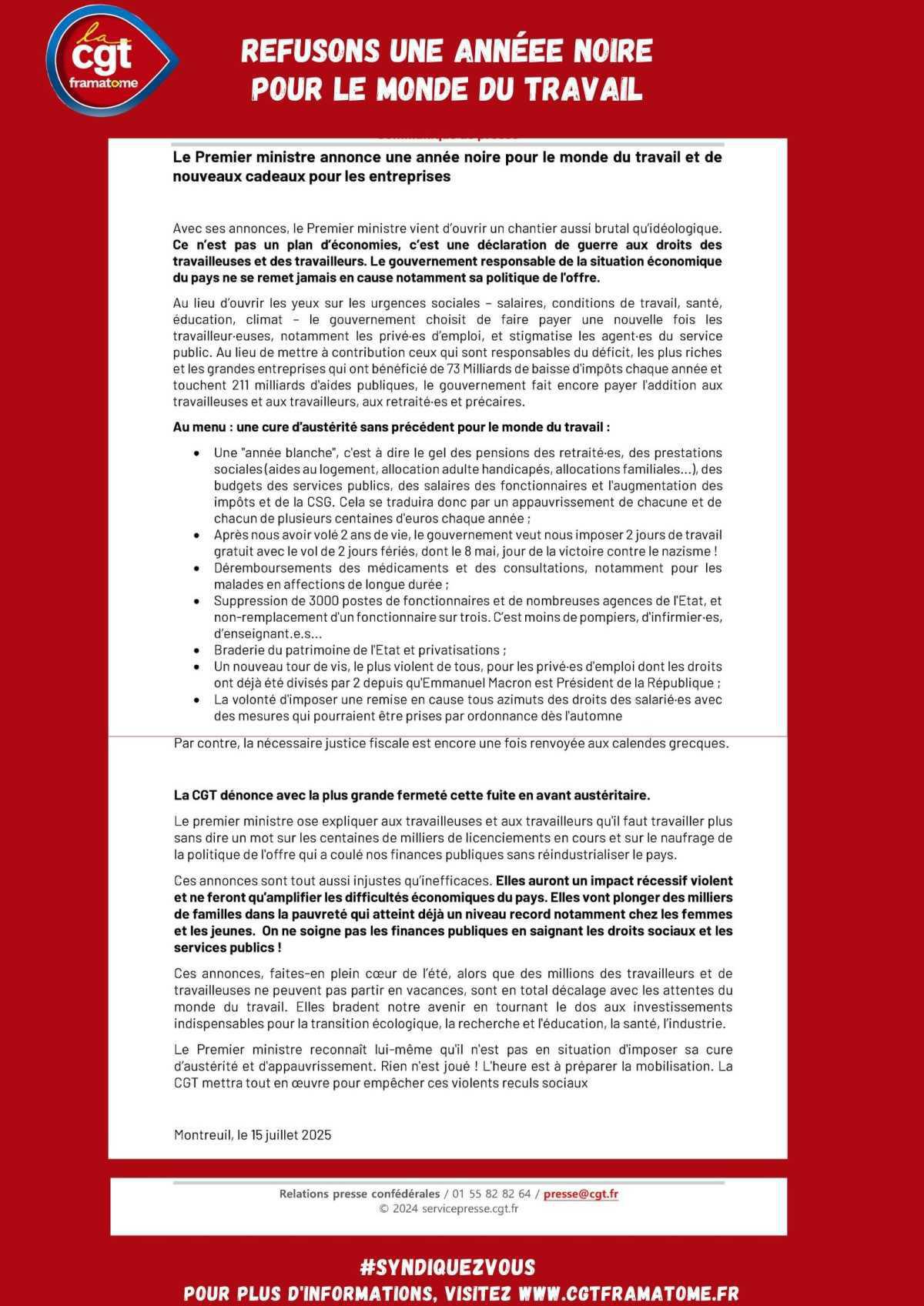Annonces gouvernementales : refusons une année noire pour le monde du travail!