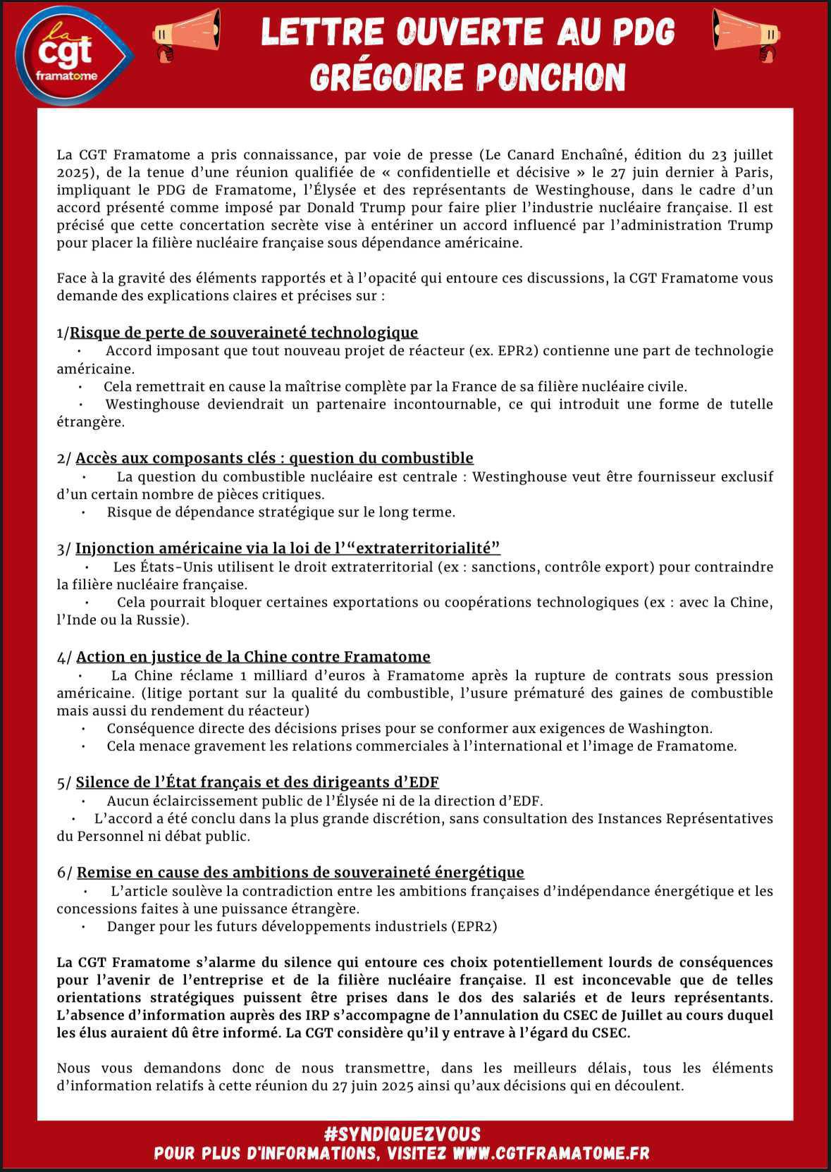 Lettre ouverte au PDG de Framatome: un article de presse inquiétant interpelle la CGT