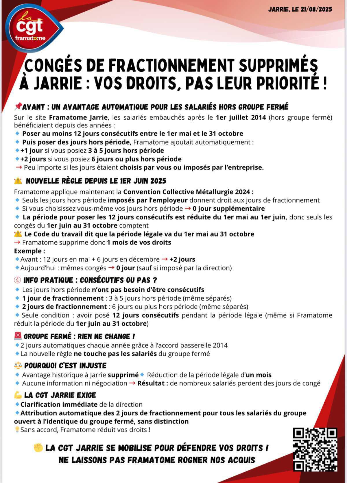 Framatome attaque vos acquis : fini les congés de fractionnement ! 