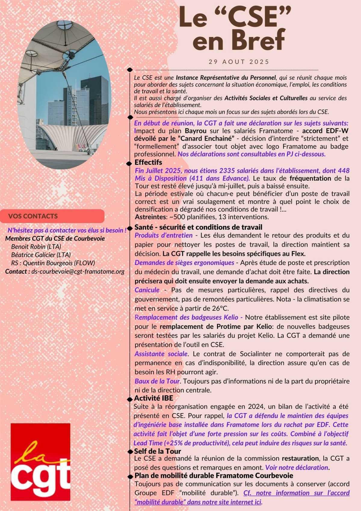 Le Bref CGT du CSE du 29 Aout 2025