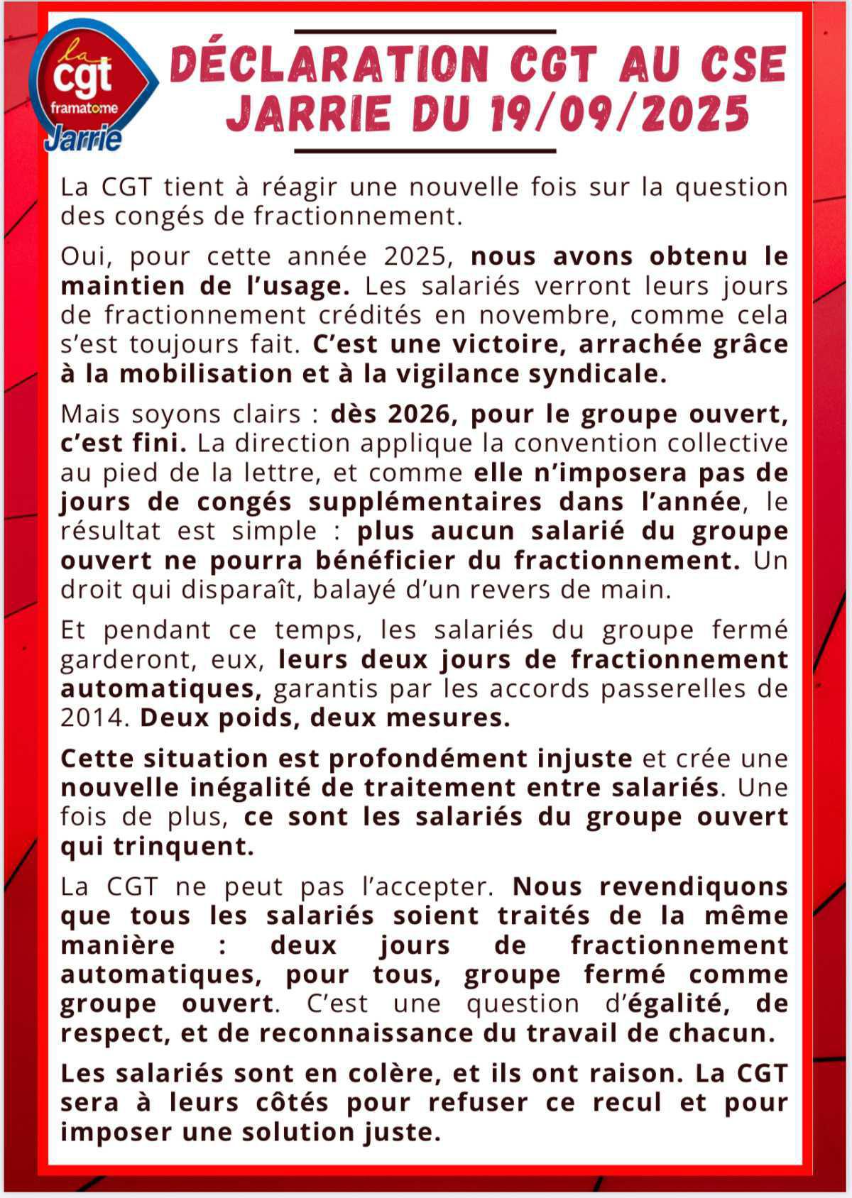 🗣️DÉCLARATION CGT AU CSE DU 19 SEPTEMBRE 2025💪