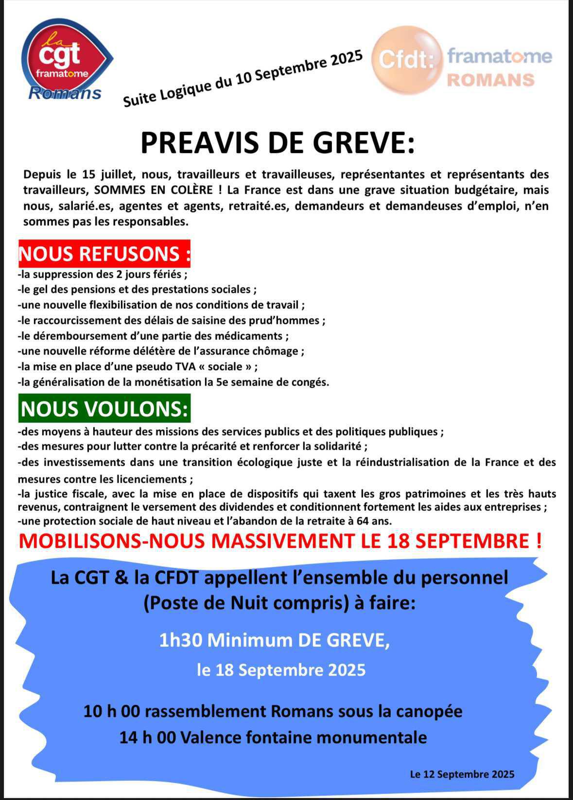 Riposte générale face au gouvernement. Mobilisation intersyndicale à Romans ✊ 