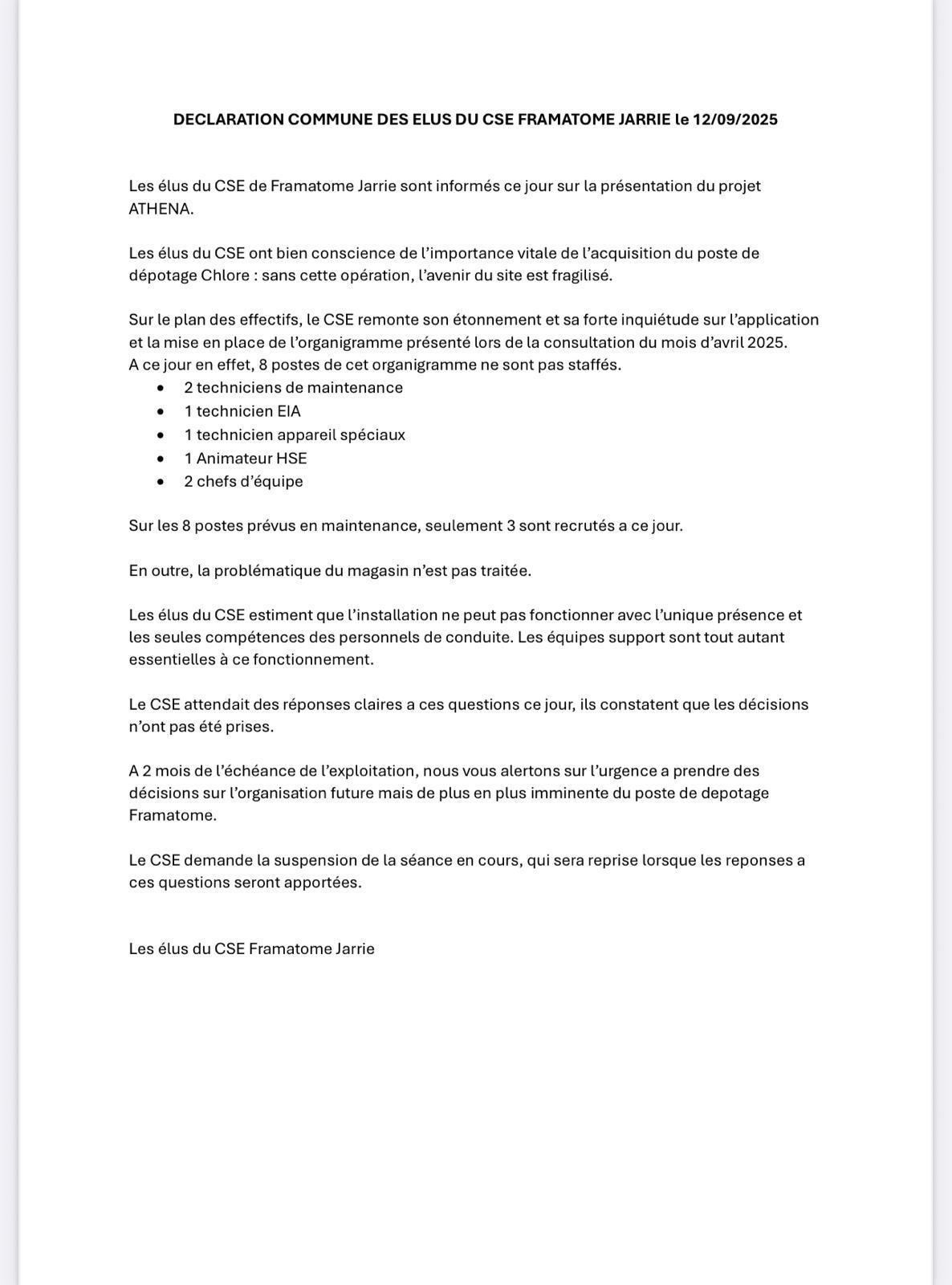 Suspension du CSE Framatome Jarrie