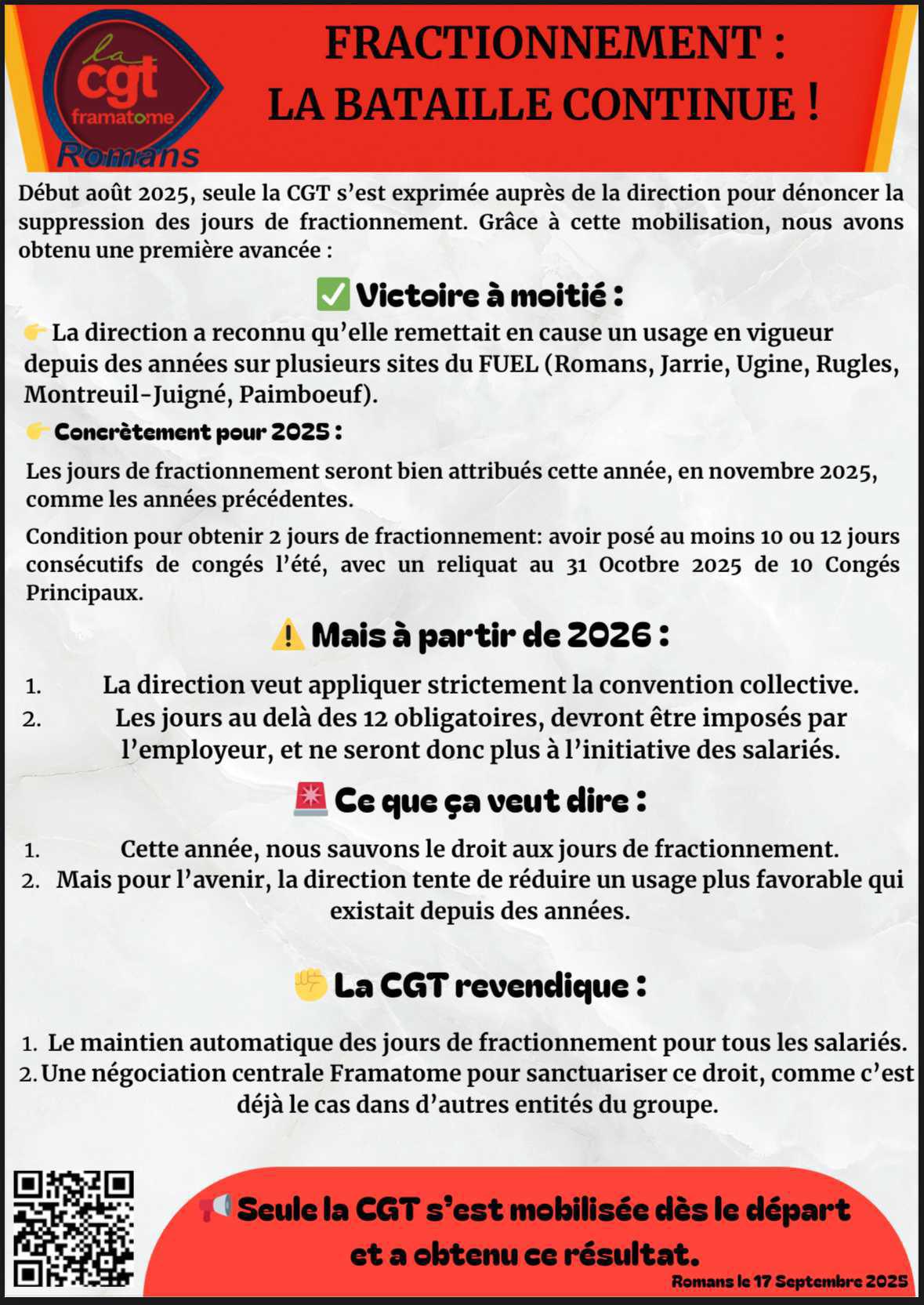 Une petite victoire mais la bataille continue pour les fractionnements ✊