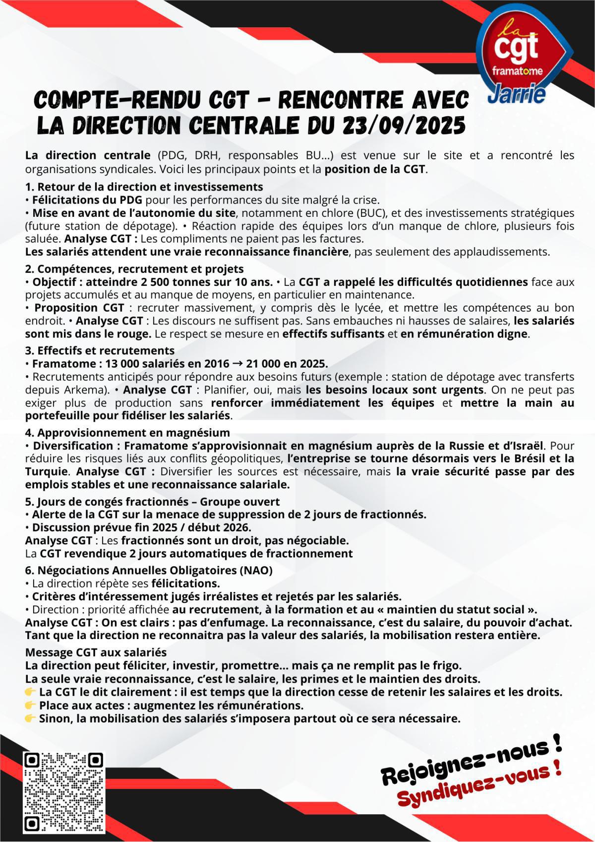 📢 Compte-rendu CGT – Rencontre avec la Direction Centrale (23/09/2025)