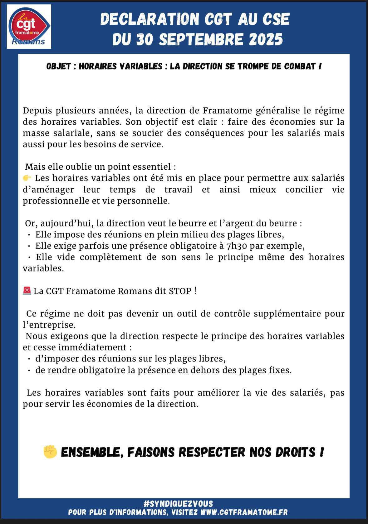 Déclaration CGT au CE du 30/09/25: Horaire variable