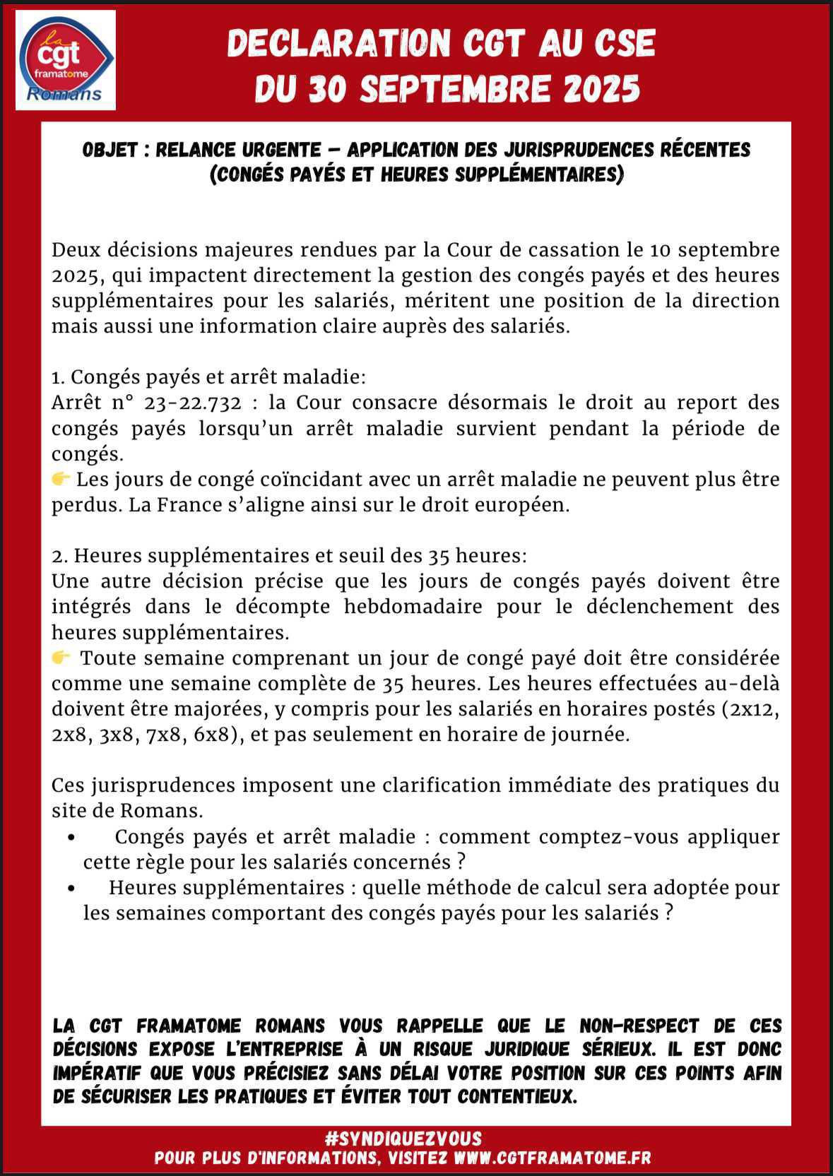 Déclaration CGT au CSE du 30/09/25: Jurisprudence
