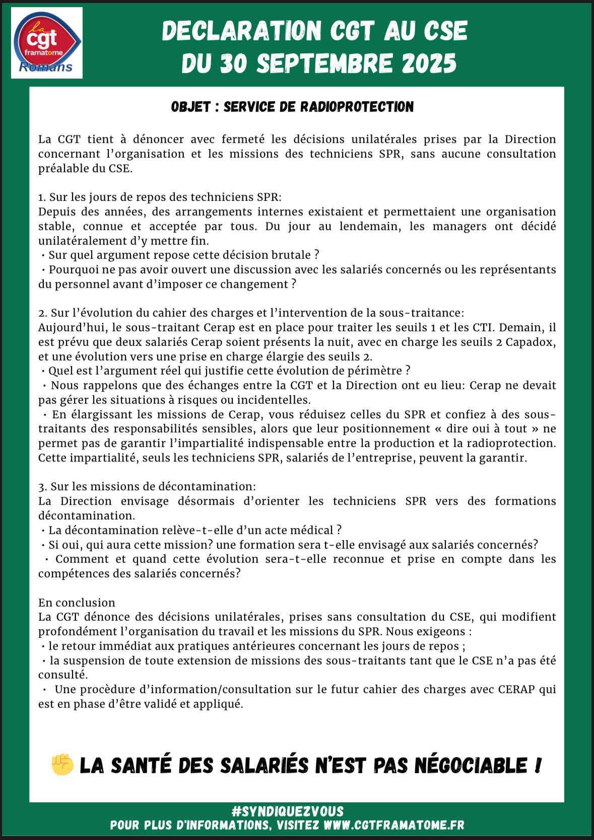 Déclaration CGT au CSE du 30/09/25: la sous traitance de la radioprotection gagne du terrain 