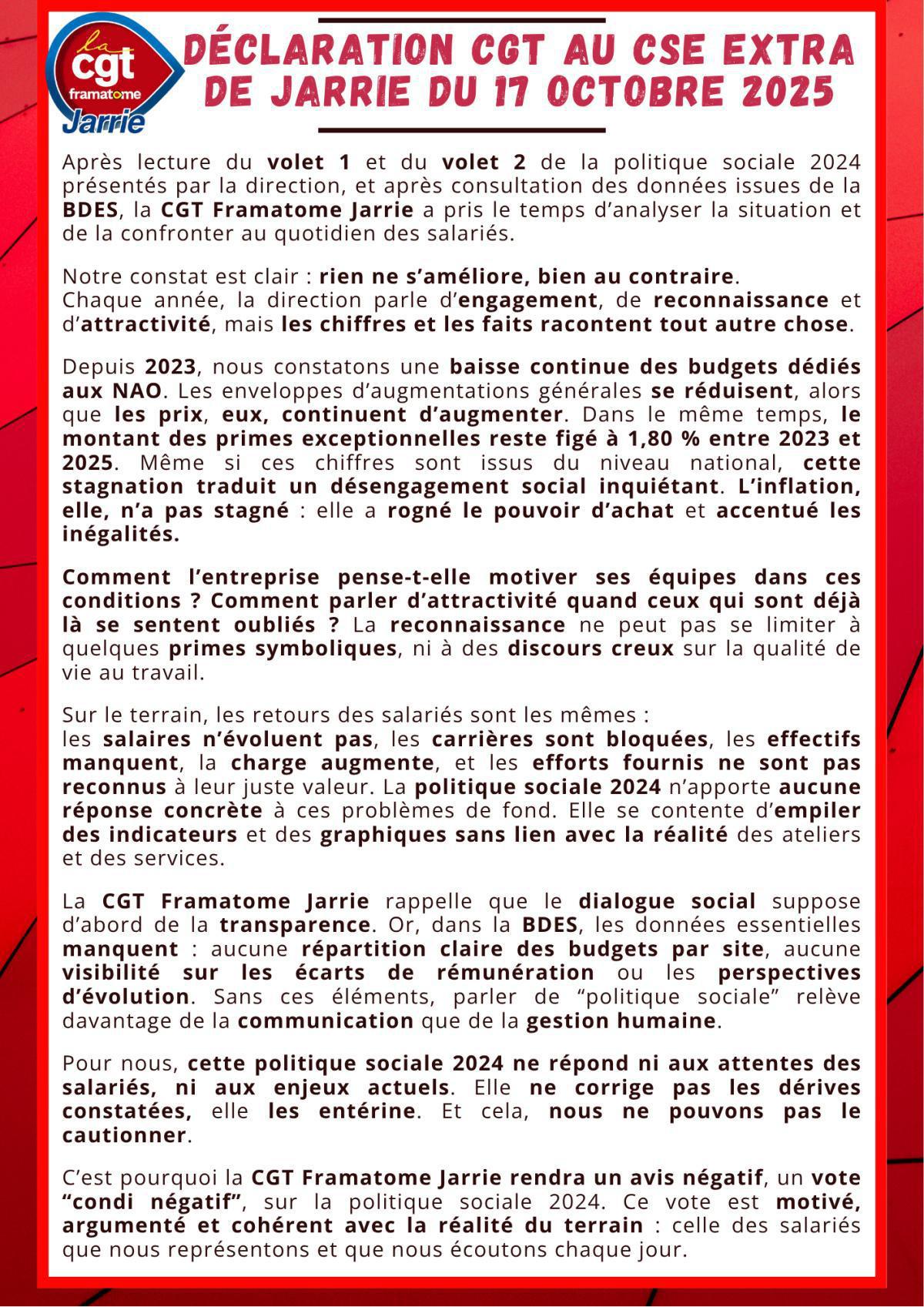 📢 Déclaration CGT Framatome Jarrie – CSE Extra du 17 octobre 2025 📢 Déclaration CGT Framatome Jarrie – CSE Extra du 17 octobre 2025